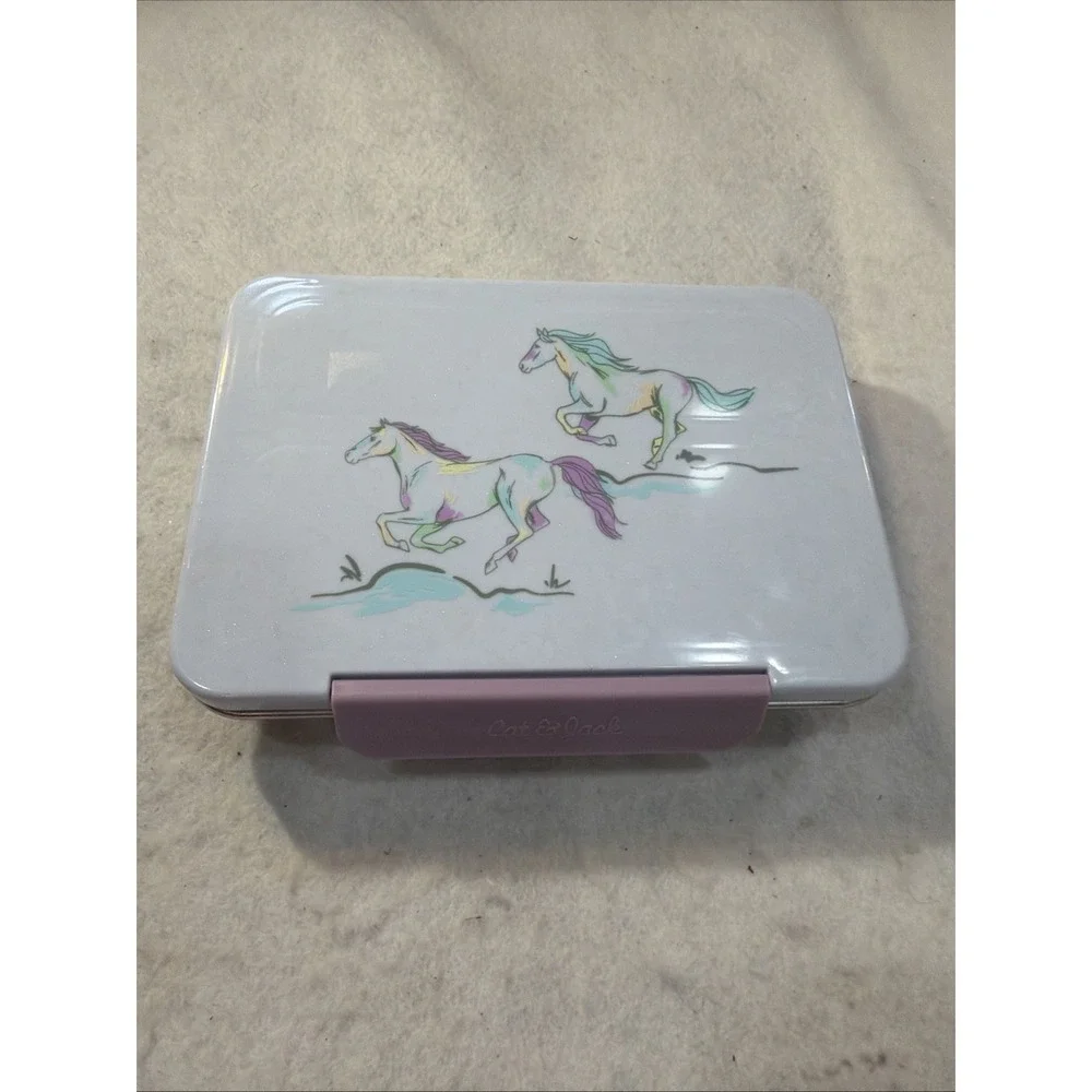 Cat & Jack Kids Purple Lunch Box 4 Compartment Snap Lid Plastic & Metal Horses